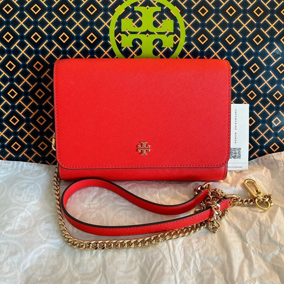 Tory Burch Emerson Chain Wallet Crossbody Bag Bright Samba Gold Red - Picture 1 of 14
